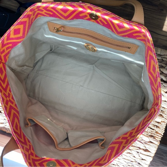 Tory Burch • Large Geometric Canvas Tote • Orange & Pink - Picture 11 of 14